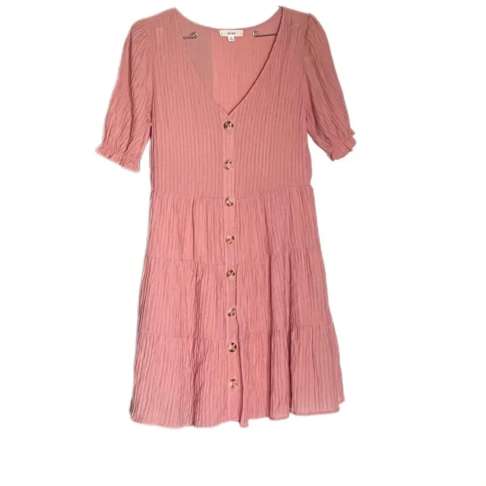 Mine Pink Rose Puff Sleeves Tiered Midi Casual Dress Women’s Small - Picture 2 of 12